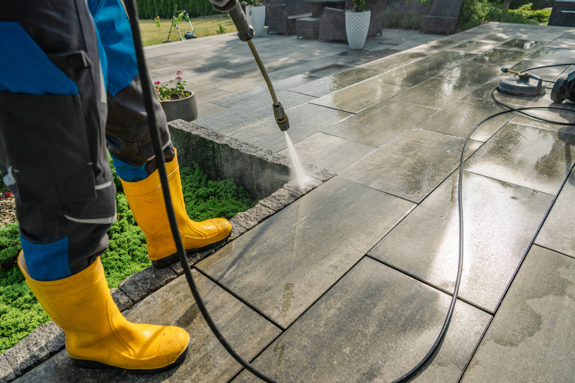 Professional Cleaning of Outdoor Stone Patio Using Pressure Washer and Protective Gear